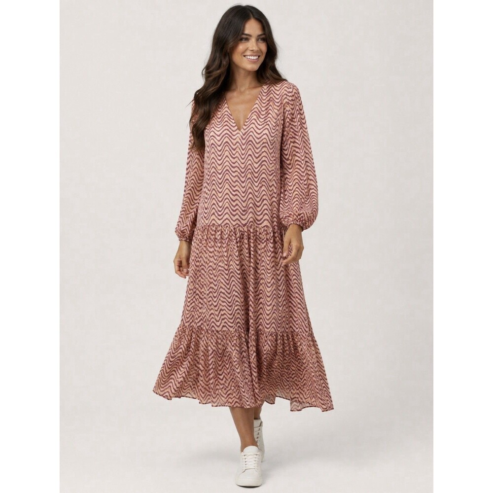 Zara Tiered Maxi Dress Womens Sz L  V-Neck Giny Cotton Geometric Boho Ruffle